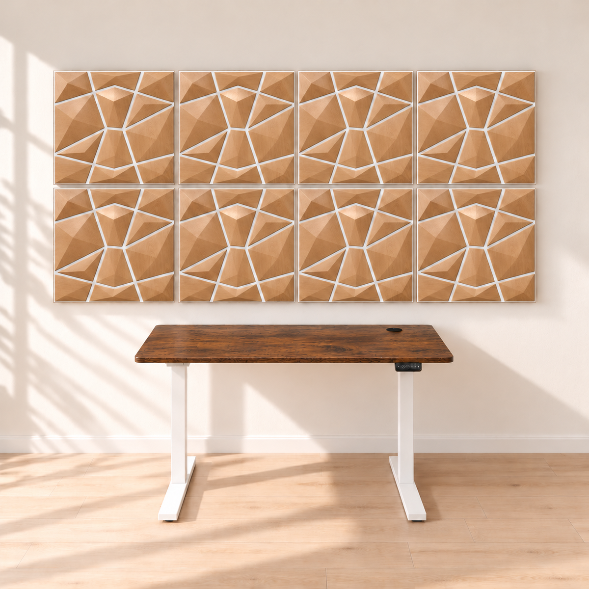KI-Visualisierung: 8 AURVEX Paneele in Natural Oak mit SONNI 160-cm-Schreibtisch, Gestell Weiß