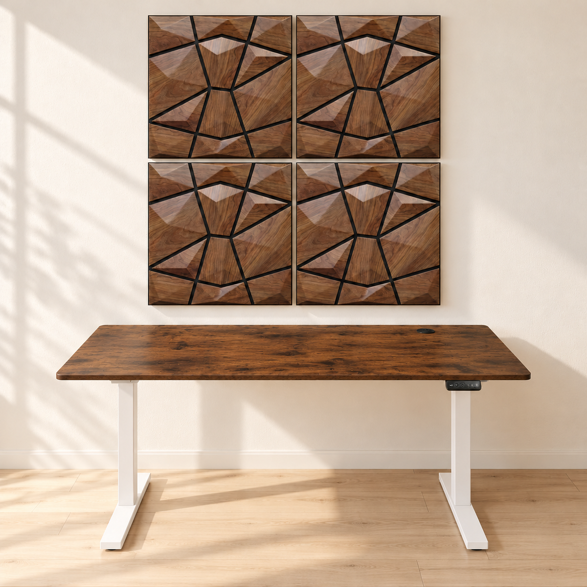 KI-Visualisierung: AURVEX Homeoffice-Bundle mit 4 Paneelen in Dark Oak und 140-cm-Schreibtisch, Gestell Weiß