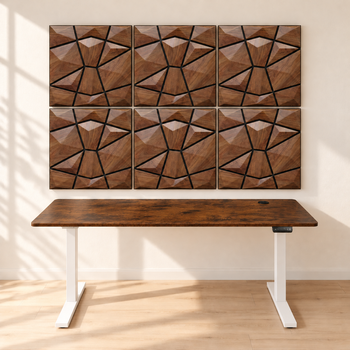 KI-Visualisierung: AURVEX Homeoffice-Bundle mit 6 Paneelen in Dark Oak und 160-cm-Schreibtisch, Gestell Weiß