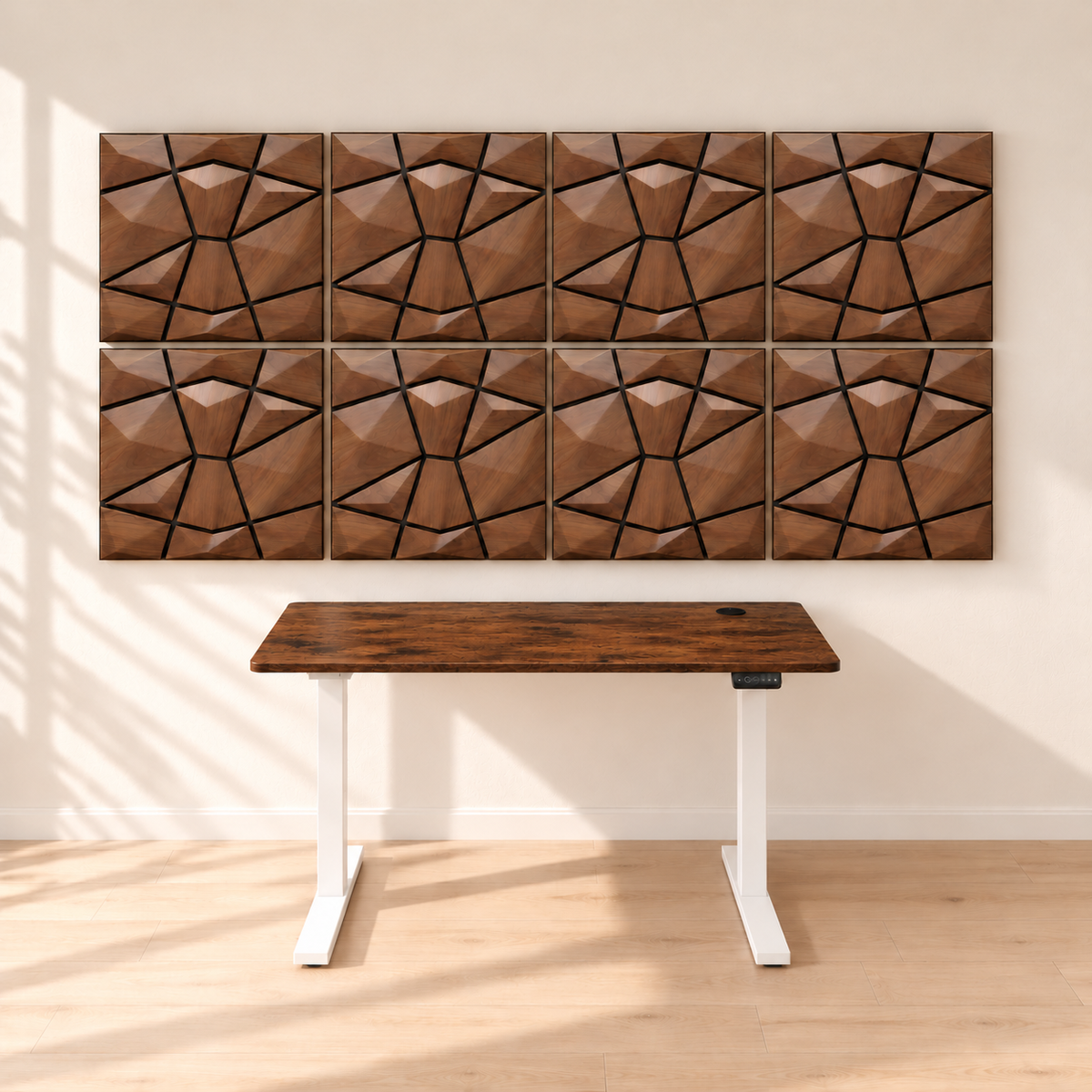 KI-Visualisierung: 8 AURVEX Paneele in Dark Oak mit SONNI 160-cm-Schreibtisch, Gestell Weiß