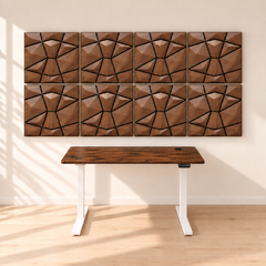 KI-Visualisierung: 8 AURVEX Paneele in Dark Oak mit SONNI 160-cm-Schreibtisch, Gestell Weiß