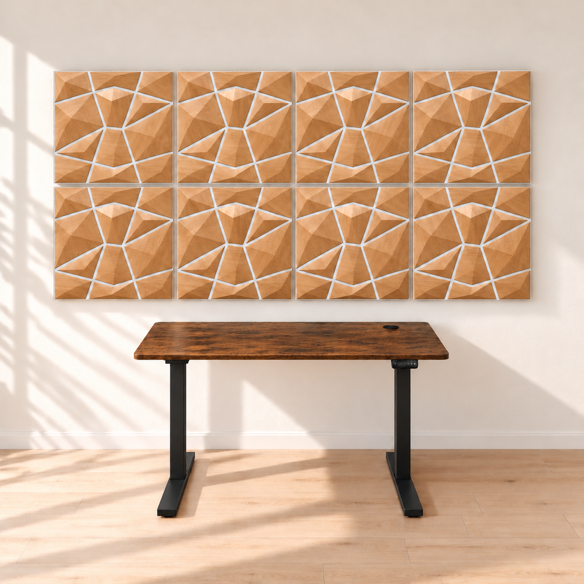 KI-Visualisierung: 8 AURVEX Paneele in Natural Oak mit SONNI 160-cm-Schreibtisch, Gestell Schwarz